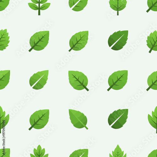 Seamless pattern of green leaves in various shapes.