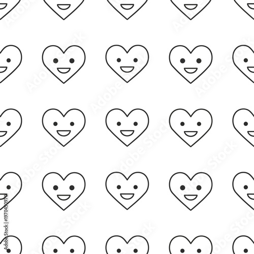 Seamless pattern of happy cartoon heart faces in outline style.