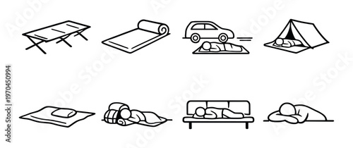 Sleeping arrangement icons showing bedding and rest options on gray
