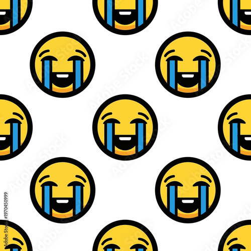 Seamless pattern of laughing crying emoji faces.