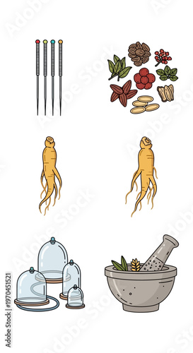 Acupuncture Needles, Ginseng Root, Herbs, and Cupping Therapy Set - Traditional Medicine