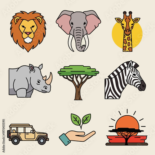 African Safari Animals Icons: Lion, Elephant, Giraffe, Rhino, Zebra, Jeep, Tree, Sun