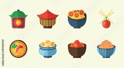Asian Food Icons: Pagodas, Bowls of Rice, Noodles, and Spices
