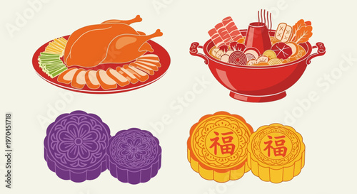 Asian Feast: Roast Duck, Hot Pot, Mooncakes with Chinese Characters for Luck