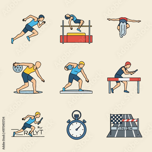 Athletics Icons: Running, Jumping, Throwing, Hurdles, Relay Race, Stopwatch