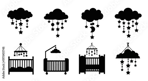 Baby Cribs with Mobile, Clouds and Stars Silhouette Icons
