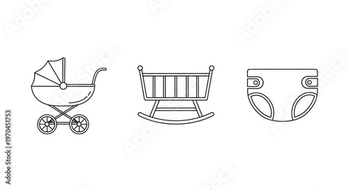 Baby Essentials Icons: Stroller, Crib, Diaper - Clean Line Art for Parenthood
