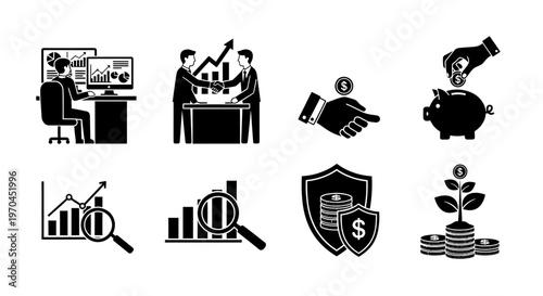 Business Finance Icons Set: Growth, Investment, Security, Analysis