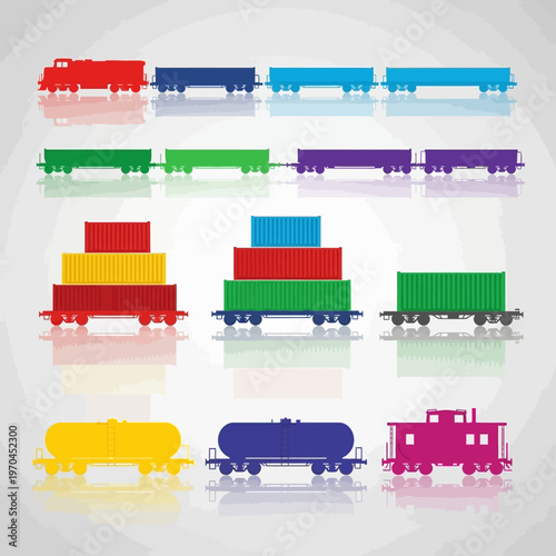 Colorful Freight Train Cars and Containers Silhouette Vector Set