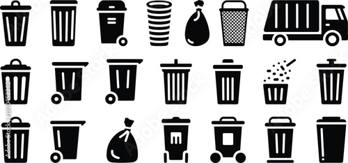 Collection of trash cans and garbage truck icons in black silhouette garbage can