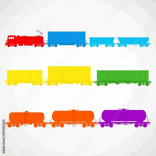 Colorful Freight Train Silhouettes: Locomotive, Containers, and Tank Cars