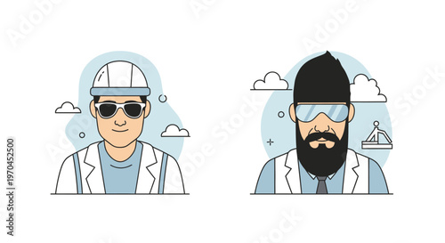 Construction Workers Portraits, Safety Gear, Hard Hat, Goggles, Blue Collar, Team