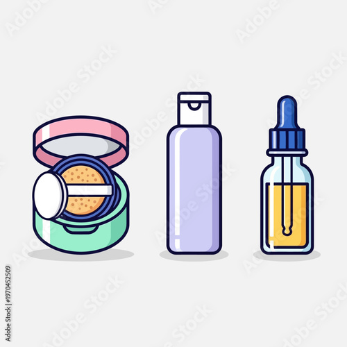 Cosmetic Products Set: Powder Compact, Lotion Bottle, and Serum Dropper on White Background