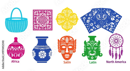 Cultural Artifacts Collection: Basket, Papel Picado, Flower, Masks, Vases, Dreamcatcher