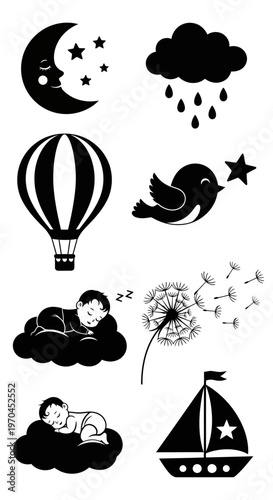 Cute Baby Sleeping on Clouds, Moon, Stars, Hot Air Balloon, Bird, Dandelion, Sailboat Icons