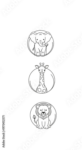 Cute cartoon safari animals set: elephant, giraffe, lion in circles, hand-drawn style