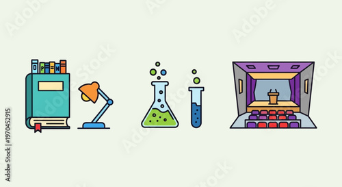 Education and Science Icons: Books, Lamp, Flasks, Auditorium Stage