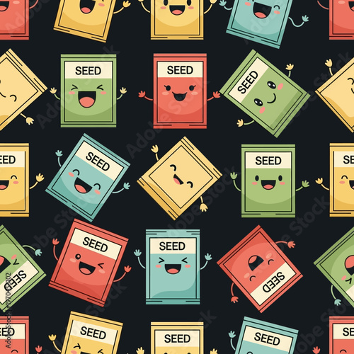 Cute anthropomorphic seed packets with happy faces and arms.