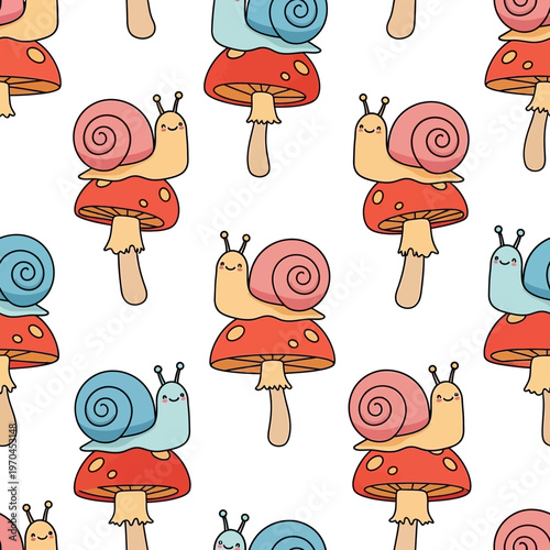 Cute Cartoon Snails Sitting on Red Mushrooms Seamless Pattern.