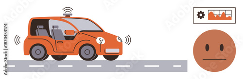Artificial intelligence, automation, transportation, smart vehicles, control systems, innovation. Self-driving car on road with control interface and neutral face. AI and automation concept