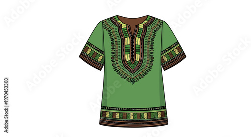 Green Dashiki Shirt with African Print Detail