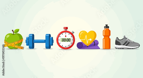 Healthy Lifestyle Icons: Apple, Dumbbell, Stopwatch, Yoga Mat, Water Bottle, Sneaker