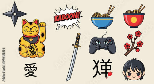 Japanese Culture Icons: Maneki Neko, Katana, Ramen, Gaming, Cherry Blossom
