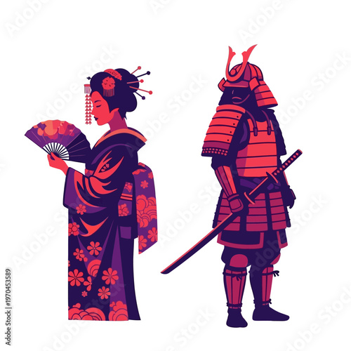 Japanese Geisha and Samurai Warrior with Sword, Traditional Culture