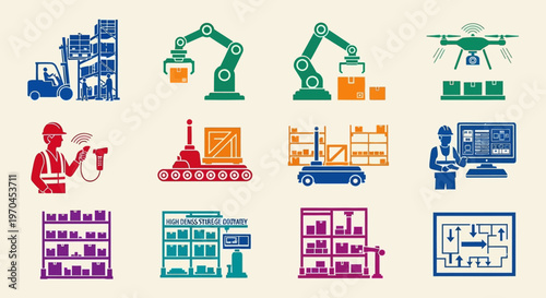 Logistics and Warehouse Automation Icons: Forklift, Robot Arms, Drone, Scanner