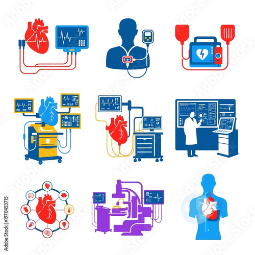 Medical Cardiology Technology Icons: Heart Monitoring and Treatment Devices