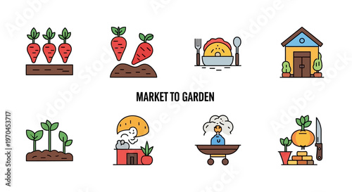 Market to Garden: Fresh Produce Icons - Carrot, Beet, Meal, Shed, Sprouts, Chef