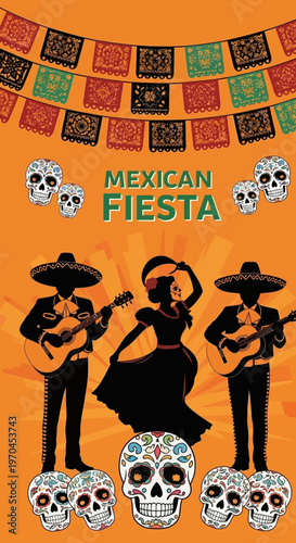 Mexican Fiesta Celebration with Mariachi Musicians, Dancer, and Sugar Skulls