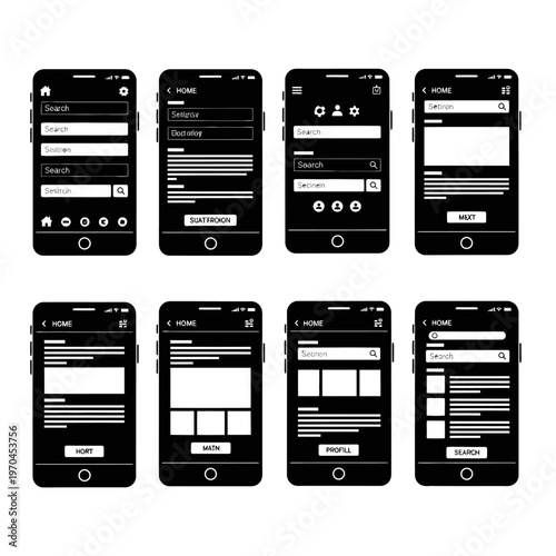 Mobile App UI Wireframe Templates: Black and White Design Elements