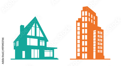 Modern House vs High-Rise Apartment Building: Urban vs Suburban Living Icons