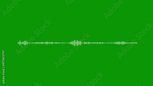 Glowing white audio waveform, music spectrum visualizer, bright green background screen, 4k sound frequency animation, digital equalizer pulse, voice signal recording, rhythm art.