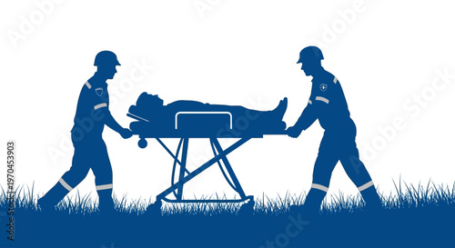 Paramedics carrying patient on stretcher, emergency medical services silhouette