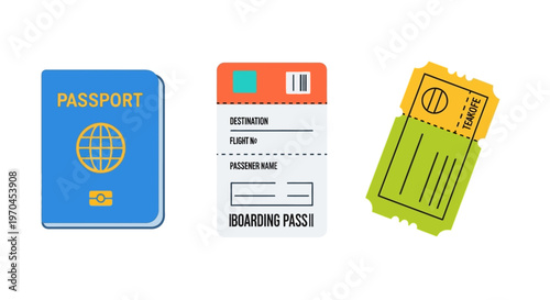 Passport, Boarding Pass, and Ticket for Travel - Flat Design Icons
