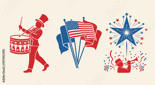 Patriotic Celebration Icons: Drummer, Flags, Fireworks & Trumpeter