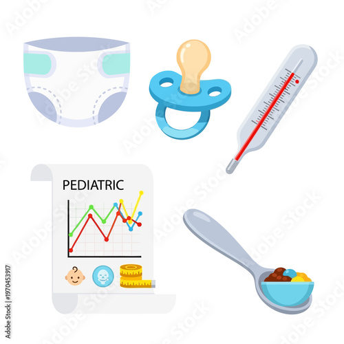 Pediatric Care Icons: Diaper, Pacifier, Thermometer, Chart, and Baby Food