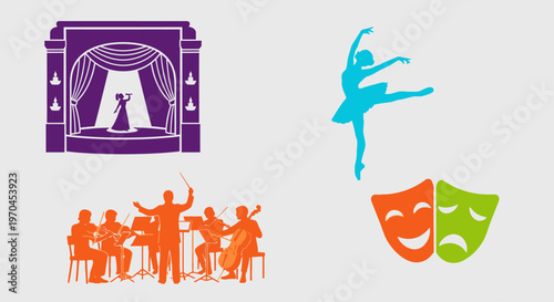 Performing Arts Icons: Ballet Dancer, Orchestra, Theater Stage, Comedy Tragedy Masks