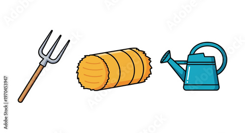 Pitchfork, Hay Bale, and Watering Can - Farm Tools and Equipment Illustration