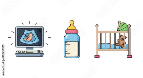 Pregnancy Ultrasound, Baby Bottle, and Crib Icons
