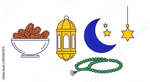 Ramadan Icons: Dates, Lantern, Moon, Stars, Rosary Beads, Festive Symbols