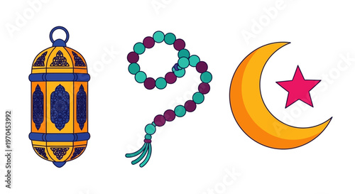 Ramadan Symbols: Lantern, Prayer Beads, Crescent Moon and Star