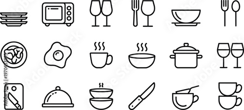 Outline icons of kitchenware, food, and drinks on a white background dining cooking