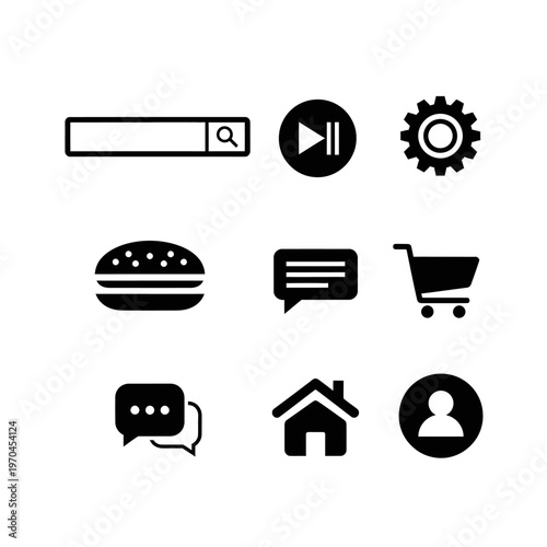 Set of Black Flat Icons: Search, Play, Settings, Burger, Chat, Cart, Home, Profile