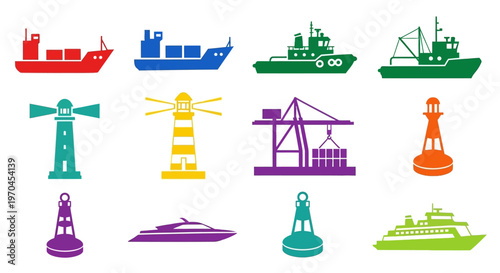 Set of colorful maritime icons: ships, lighthouses, buoys, crane, yacht