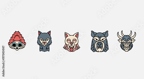 Set of Five Stylized Animal Faces Icons: Owl, Wolf, Dog, Werewolf, Bull