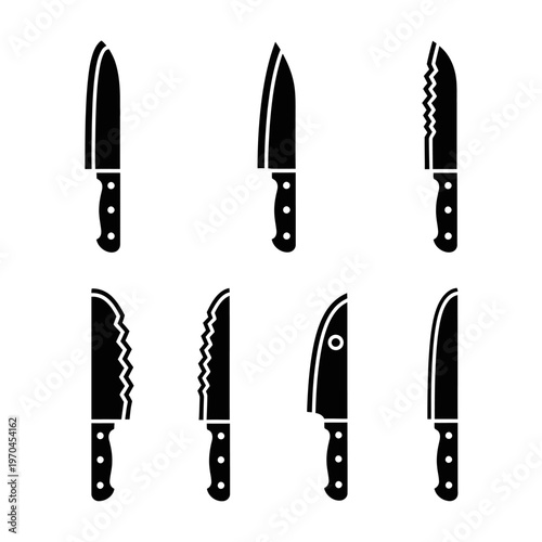 Set of Kitchen Knives Icons, Black Silhouettes on White Background