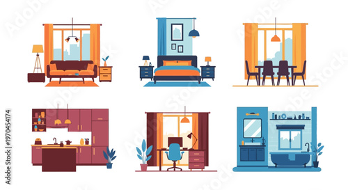 Set of Modern Interior Design Rooms: Living, Bedroom, Dining, Kitchen, Office, Bathroom